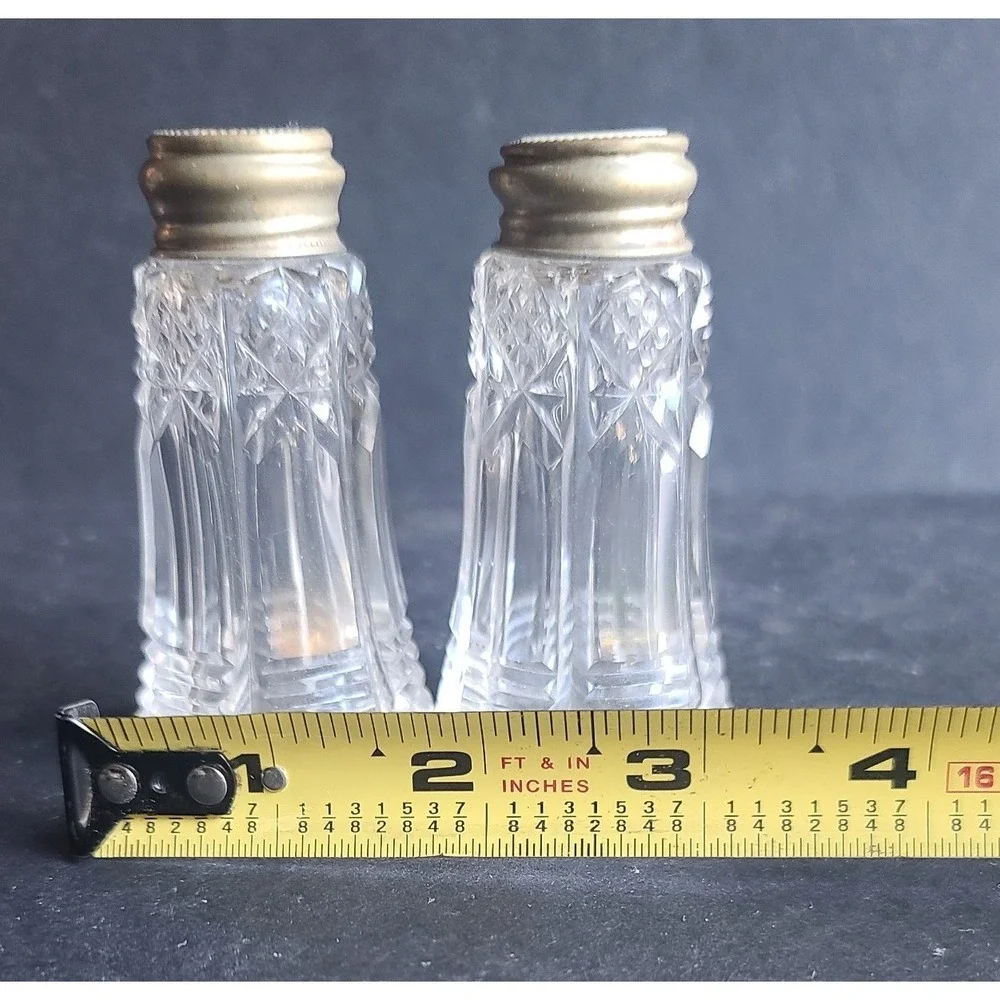 Vintage Crystal Salt-n-Pepper Shakers Metal Lids Mother of Pearl Lids Sterling‎